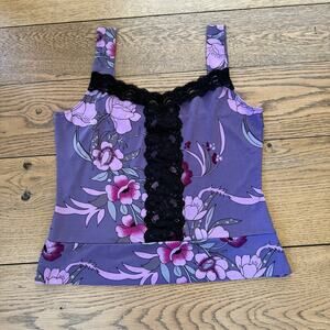Charlotte Russe Y2K Floral Lace Trim Cami Top Purple Black Tank Large